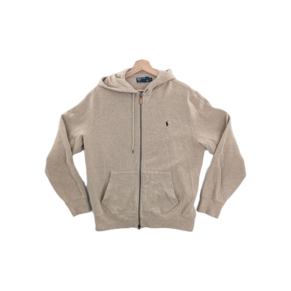 Polo Ralph Lauren Sz Large Hoodie Mens Beige Ribbed Full Zip Pony Drawstring Tan